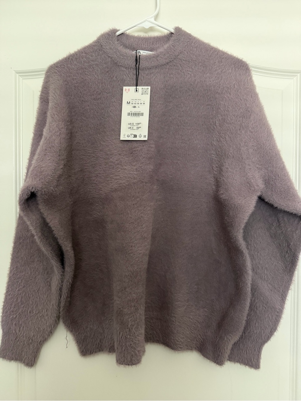 Zara Men Dusty Lavender Fuzzy Crewneck Sweater size M NWT
